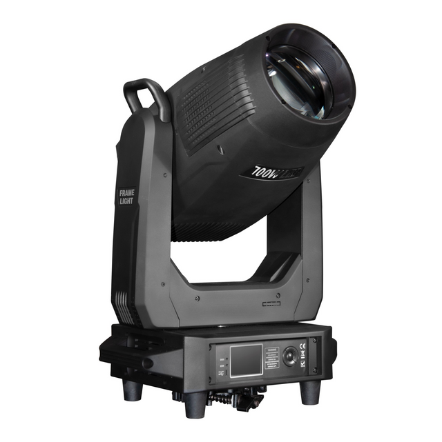 Front view combines a 600W LED module with CMY color mixing, dual gobo wheels, framing shutters, and smooth pan/tilt for sharp, versatile lighting effects in a compact design. Controls and display screen is in the base of the unit.