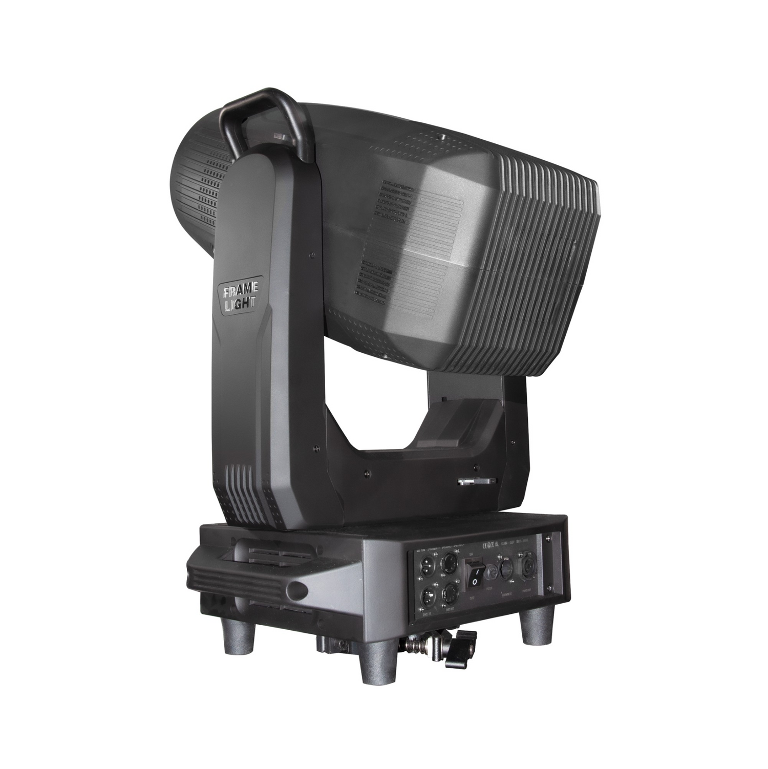 Rear view shows DMX and power in/out ports, cooling vents, control panel with display and navigation buttons, all housed in a compact, professional-grade chassis.