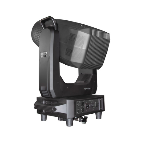 Rear view shows DMX and power in/out ports, cooling vents, control panel with display and navigation buttons, all housed in a compact, professional-grade chassis.