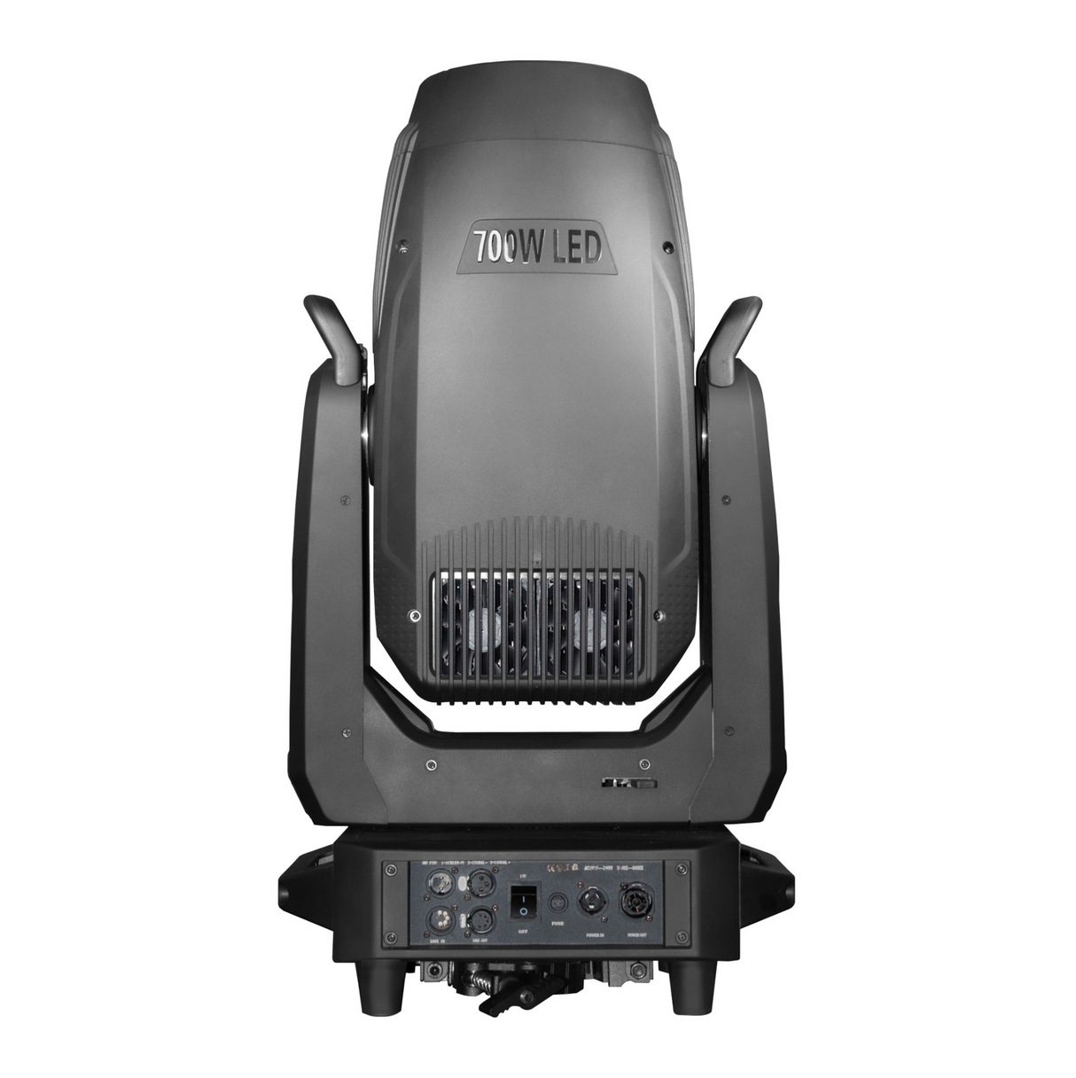 Rear view shows DMX and power in/out ports, cooling vents, control panel with display and navigation buttons, all housed in a compact, professional-grade chassis.