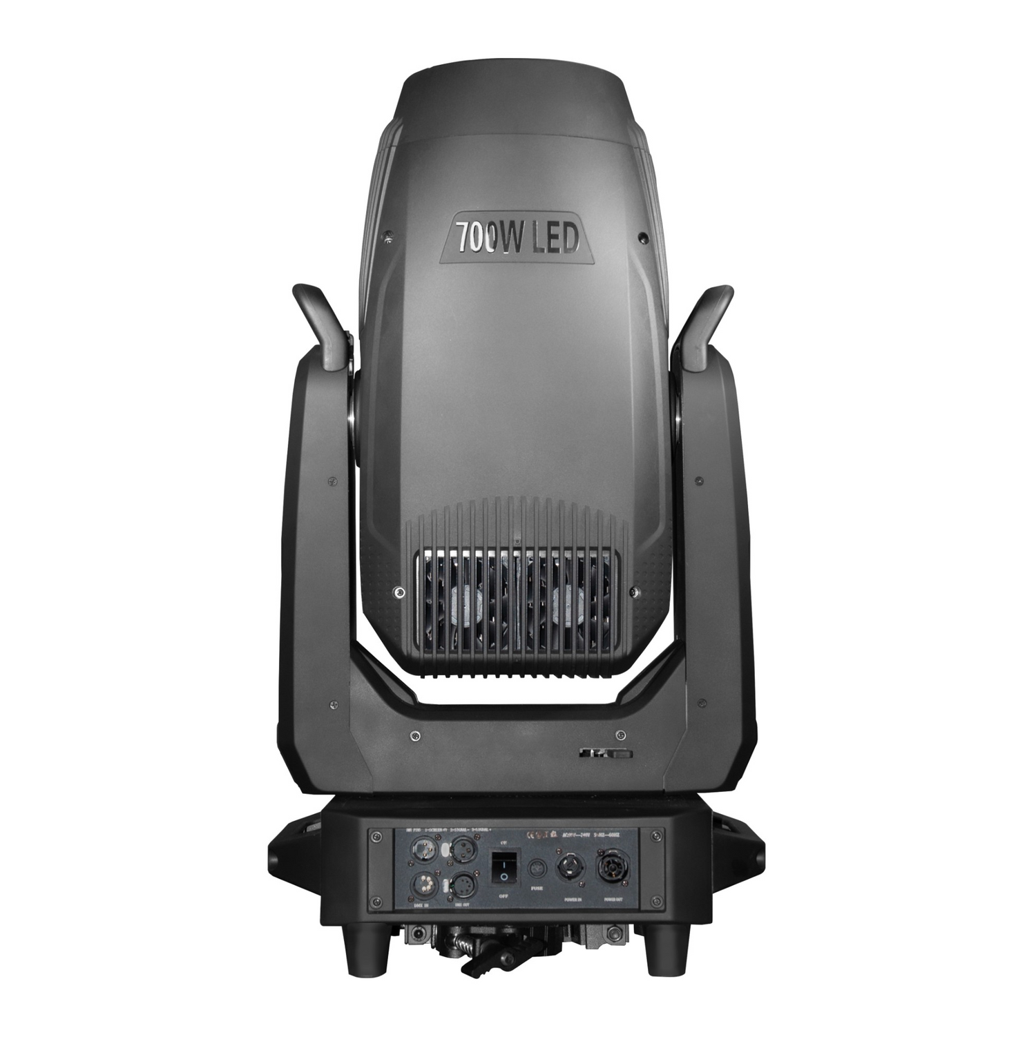 Rear view shows DMX and power in/out ports, cooling vents, control panel with display and navigation buttons, all housed in a compact, professional-grade chassis.