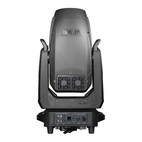 Rear view shows DMX and power in/out ports, cooling vents, control panel with display and navigation buttons, all housed in a compact, professional-grade chassis.