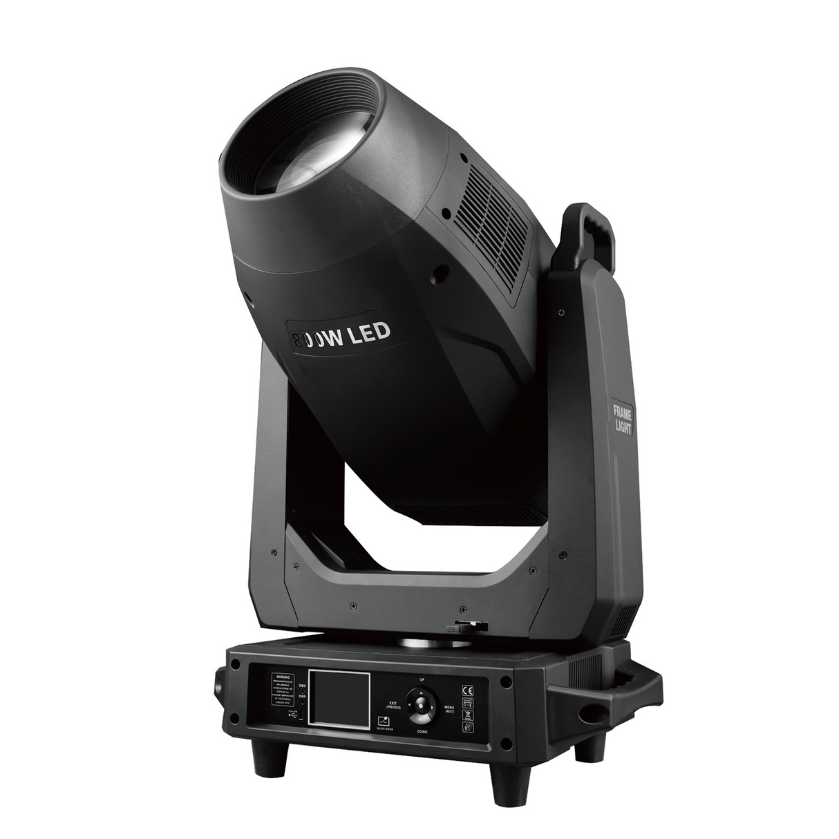 Front view delivers 24,000 lumens with CMY color mixing, dual gobo wheels, framing shutters, frost, iris, and smooth pan/tilt for high-performance, versatile lighting in a compact form. Controls and led screen in base of the unit.