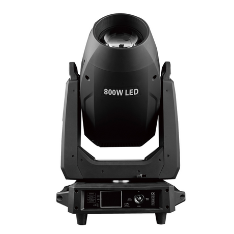Front view delivers 24,000 lumens with CMY color mixing, dual gobo wheels, framing shutters, frost, iris, and smooth pan/tilt for high-performance, versatile lighting in a compact form. Controls and display screen are in the base of the unit.