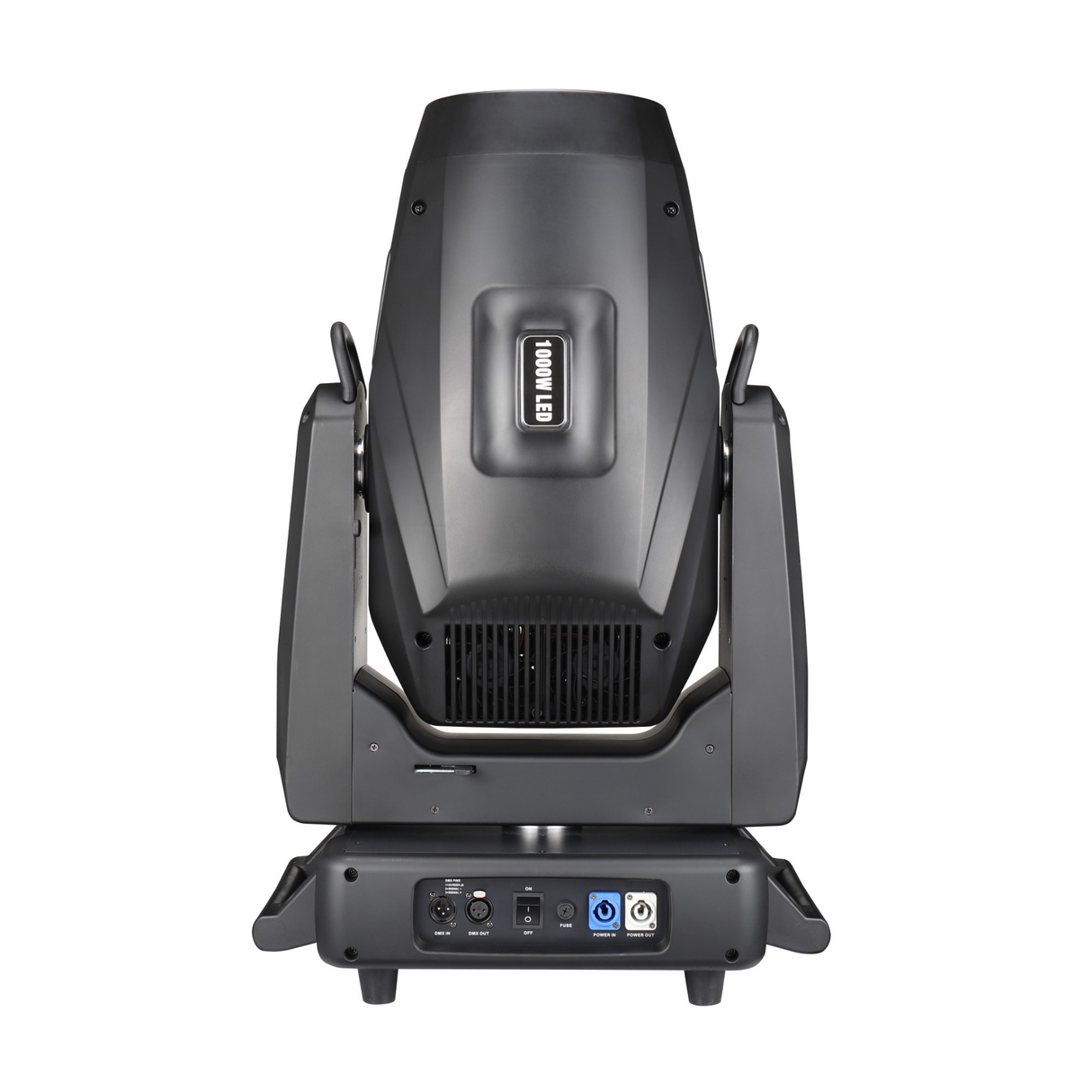 The rear view shows DMX input and output ports and includes a power input socket with a locking mechanism. The housing is sturdy with handles for easy transport and mounting points for rigging.