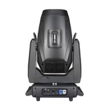 The rear view shows DMX input and output ports and includes a power input socket with a locking mechanism. The housing is sturdy with handles for easy transport and mounting points for rigging.