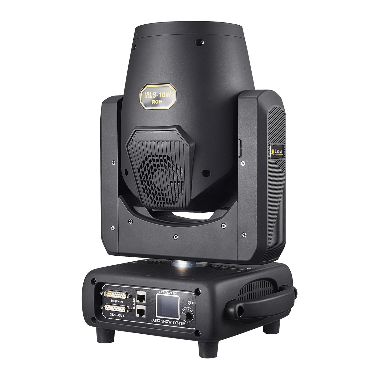 The front view has a user interface LED screen with control buttons for menu navigation, along with ILDA and RJ45 ports.