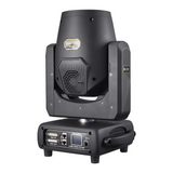 The front view has a user interface LED screen with control buttons for menu navigation, along with ILDA and RJ45 ports.