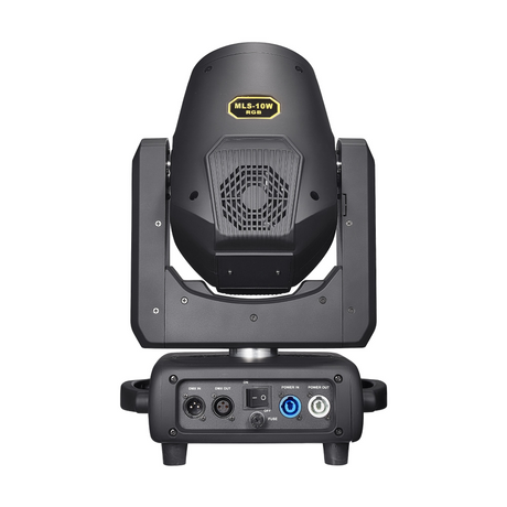 The rear view features connection ports such as power input/output, DMX in/out ports for control, on/off switch, and cooling fans or vents for heat dissipation.