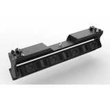 Underside features connection ports such as power input/output, DMX in/out ports for control, on/off switch, and cooling fans or vents for heat dissipation.