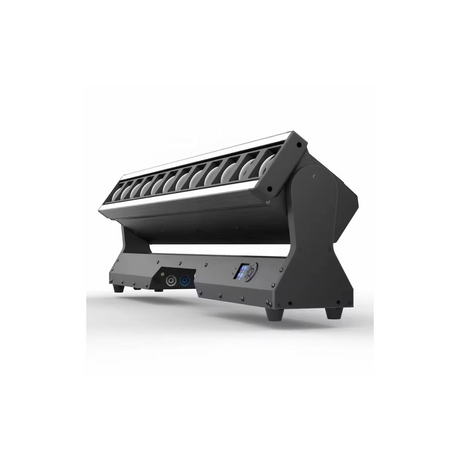 Underside features connection ports such as power input/output, DMX in/out ports for control, on/off switch, and cooling fans or vents for heat dissipation.