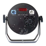 Back includes DMX In/Out ports, power In/Out, an LCD display with navigation buttons for menu control, and ventilation for cooling—all designed for efficient setup and intuitive operation.