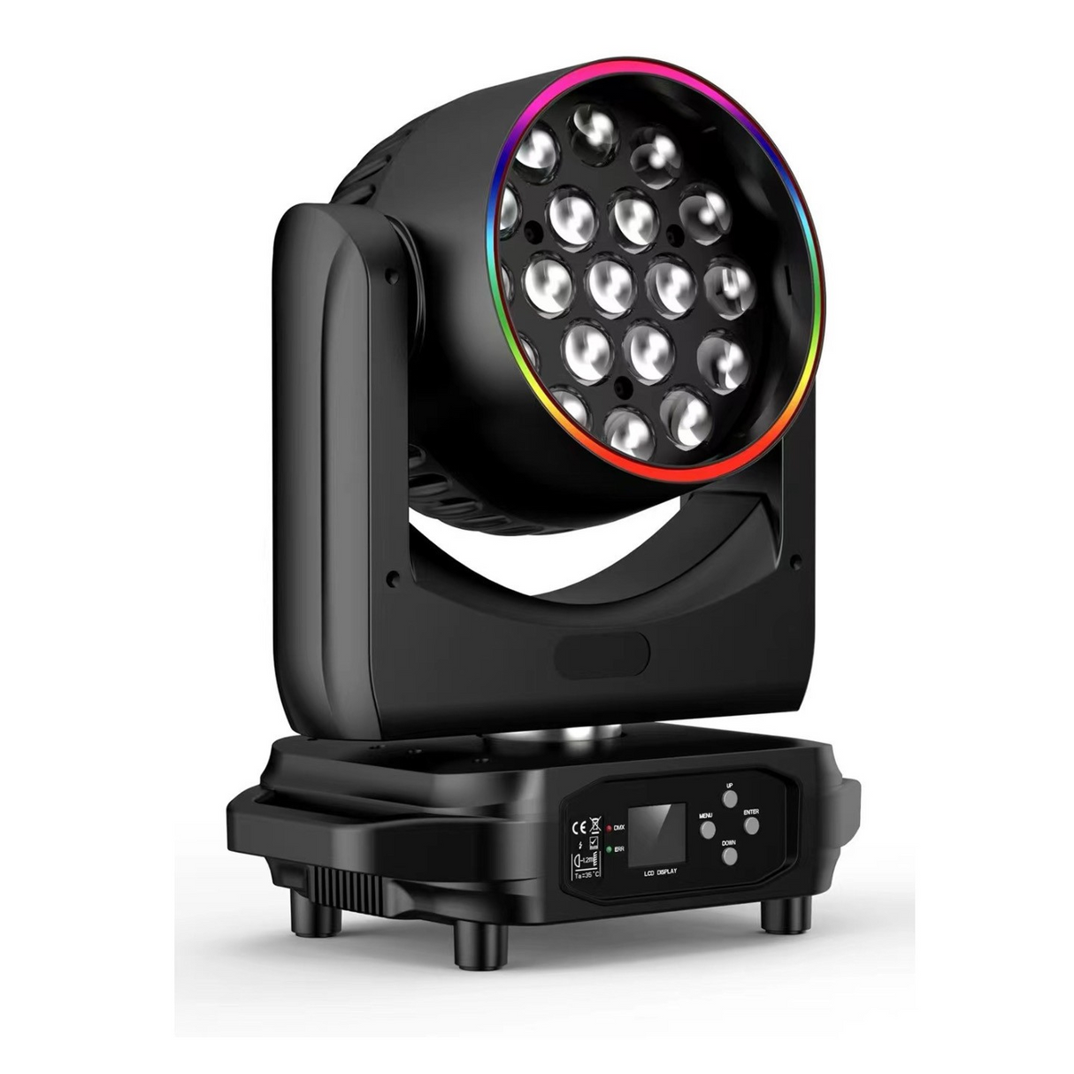 Features 19 high-intensity RGBW LEDs and an integrated LED ring for vibrant color mixing and dynamic eye-candy effects in a compact, durable fixture. The front view has a user interface LED screen with control buttons for menu navigation in the base along with both DMX and Err lights.