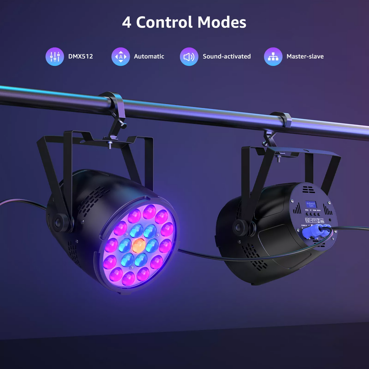 Features 19 RGB LEDs with motorized zoom, 1–50Hz strobe, and smooth color mixing in a compact, durable housing for dynamic lighting in tight spaces. Rear view shows DMX input/output ports, power connectors, control panel with LCD display and buttons, all enclosed in a compact, rugged aluminum housing.