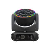 The front view has a user interface LED screen with control buttons for menu navigation in the base along with both DMX and Err lights.