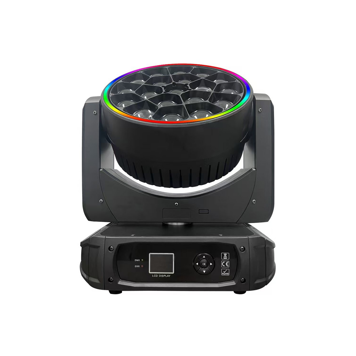 The front view has a user interface LED screen with control buttons for menu navigation in the base along with both DMX and Err lights.