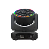 The front view has a user interface LED screen with control buttons for menu navigation in the base along with both DMX and Err lights.