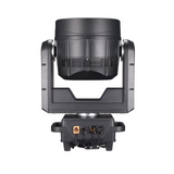 The rear has robust housing, multiple DMX and power connections, cooling system, and mounting hardware designed for professional rigging and control integration.