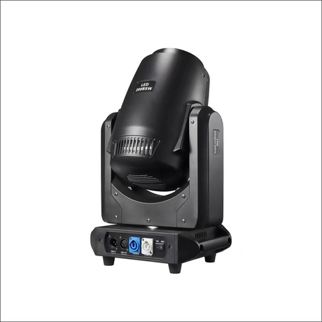 The rear view features connection ports including power input, DMX in/out, and control interfaces, housed in a durable, ventilated casing designed for effective heat dissipation and secure mounting.