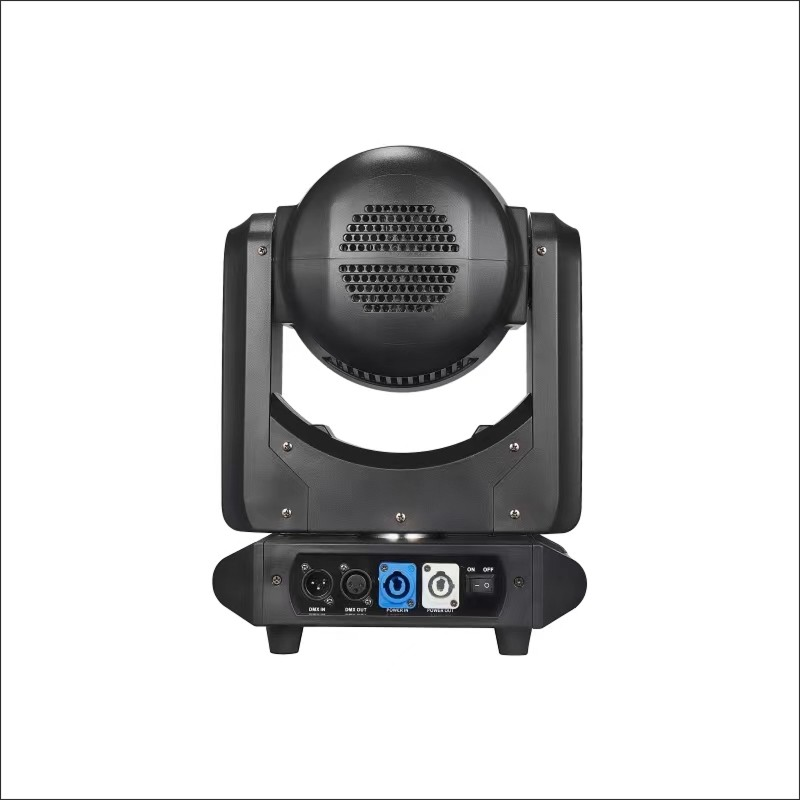 The rear view features connection ports including power input, DMX in/out, and control interfaces, housed in a durable, ventilated casing designed for effective heat dissipation and secure mounting.