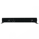 Rear view shows the DMX input/output ports, power connector, control panel with buttons and display, cooling fan vent, and sturdy aluminum housing.