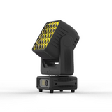 The front view is a high-performance lighting fixture featuring 25 individually controllable 12W RGBW LEDs, a 7° beam angle, 360° pan and tilt, and multiple control modes for creating vibrant, dynamic visual effects. The front view shows the LED control menu in the base and has both DMX and Err lights.