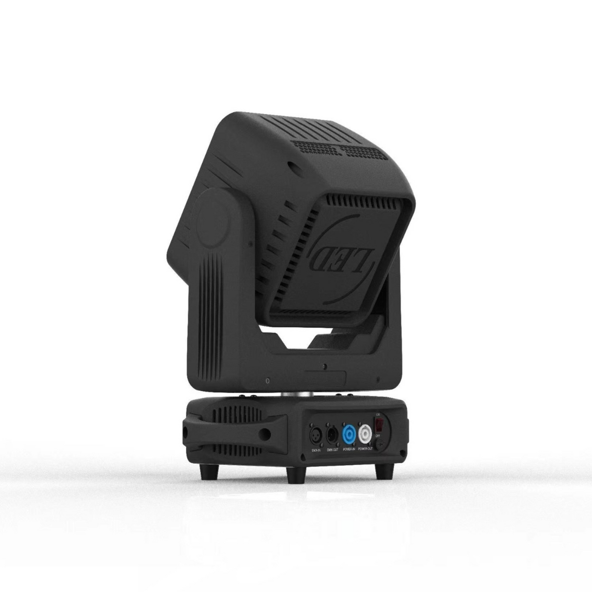 The rear includes DMX In/Out ports (3-pin XLR), power In/Out connectors, an LED display with menu navigation buttons for fixture settings, and ventilation for cooling—all housed in a rugged chassis designed for touring and stage use.