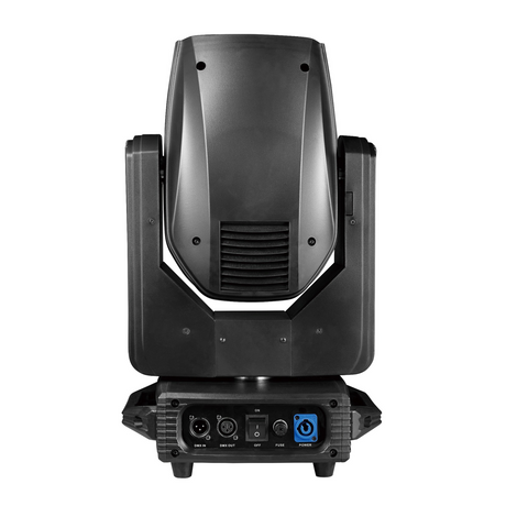 The rear has DMX in and out ports, power, and on/off switch.