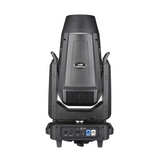 Rear view shows DMX and power input/output ports, ventilation grilles, and a digital control panel with navigation buttons, all built into a compact, professional-grade housing.