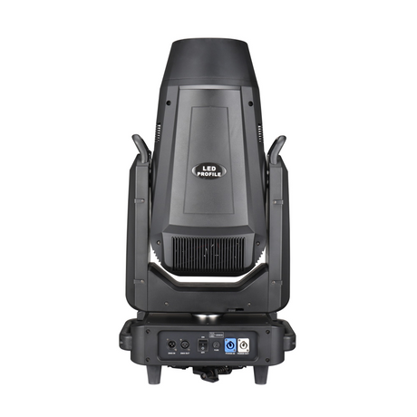 Rear view shows DMX and power input/output ports, ventilation grilles, and a digital control panel with navigation buttons, all built into a compact, professional-grade housing.