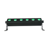 Front view of the 618 Wireless Battery-Powered Bars feature 6 high-brightness RGBWA+UV LEDs with 25° beam angle, 2.4GHz wireless DMX, versatile control modes, and rechargeable battery lasting up to 20 hours in gradient mode.