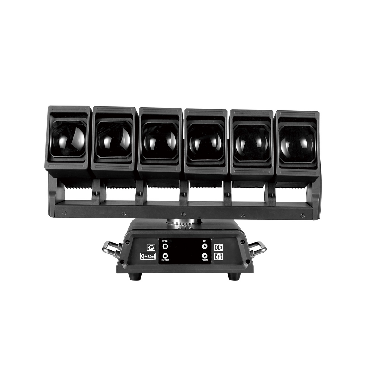 The front view has a user interface LED screen with control buttons for menu navigation in the base along with both DMX and Err lights.