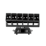 The front view has a user interface LED screen with control buttons for menu navigation in the base along with both DMX and Err lights.