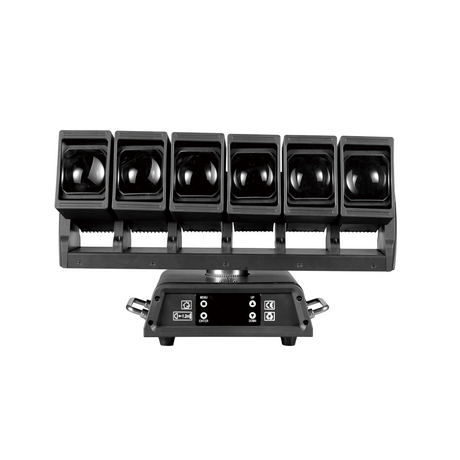 The front view has a user interface LED screen with control buttons for menu navigation in the base along with both DMX and Err lights.