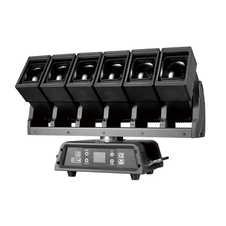 The front view has a user interface LED screen with control buttons for menu navigation in the base along with both DMX and Err lights.