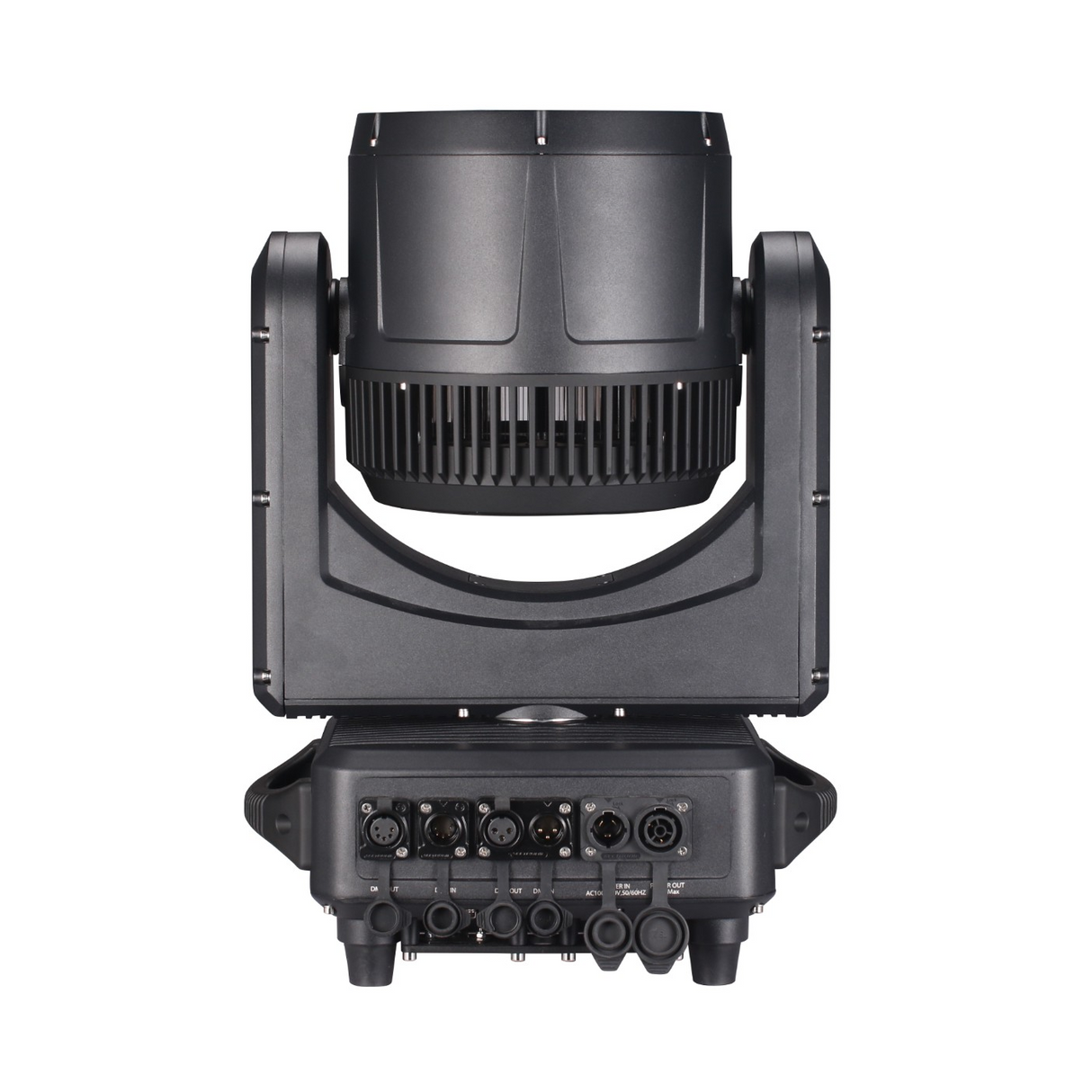 Rear view includes IP65-rated power and DMX input/output connections with protective rubber seals, 3 and 5 pin DMX connectors, a user interface screen with control buttons for menu navigation, and an efficient cooling system designed to maintain performance in outdoor environments.