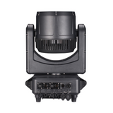 Rear view includes IP65-rated power and DMX input/output connections with protective rubber seals, 3 and 5 pin DMX connectors, a user interface screen with control buttons for menu navigation, and an efficient cooling system designed to maintain performance in outdoor environments.