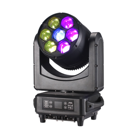 The front view has 7x60W RGBW LEDs, 4°–55° zoom, infinite lens rotation, and IP65-rated housing for powerful, all-weather lighting effects. The front view has a user interface LED screen with control buttons for menu navigation in the base along with both DMX and Err lights.