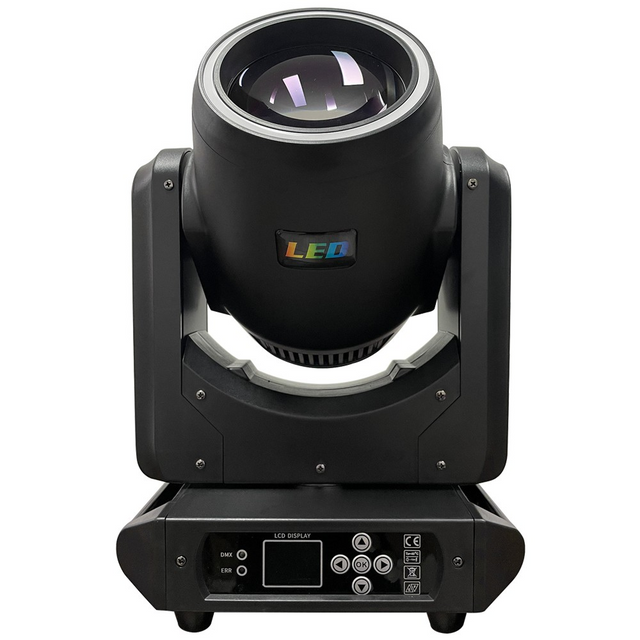 The Halo 150 LED Beam Mover features a 150W focused beam with a dynamic halo ring, dual prisms, colorful gobos, and smooth frost effects, all packed into a compact, durable fixture for creative indoor lighting applications. The front view has a user interface LED screen with control buttons for menu navigation in the base along with both DMX and Err lights.