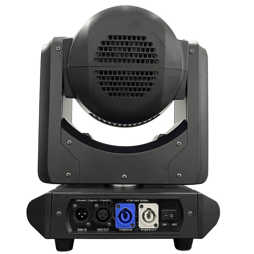 The rear view features connection ports such as power input/output, DMX in/out ports for control, and cooling fans or vents for heat dissipation.