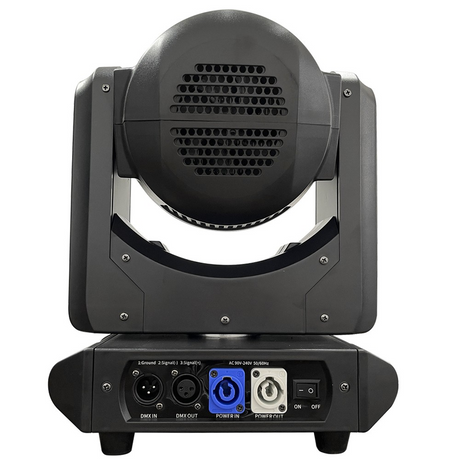 The rear view features connection ports such as power input/output, DMX in/out ports for control, and cooling fans or vents for heat dissipation.