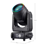 Dimensions 28CM (11in.), 24CM (9.4in.), 53CM (20.9in.). The front view has a user interface LED screen with control buttons for menu navigation in the base along with both DMX and Err lights.