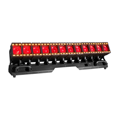 The front view has a user interface LED screen with control buttons for menu navigation in the base along with both DMX and Err lights.