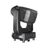 Rear view shows DMX and power in/out ports, cooling vents, control panel with display and navigation buttons, all housed in a compact, professional-grade chassis.