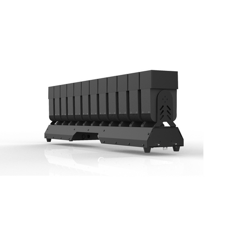 Connection mode underside: DMX512 input/output/power input/output. The front view has a user interface LED screen with control buttons for menu navigation in the base along with both DMX and Err lights.